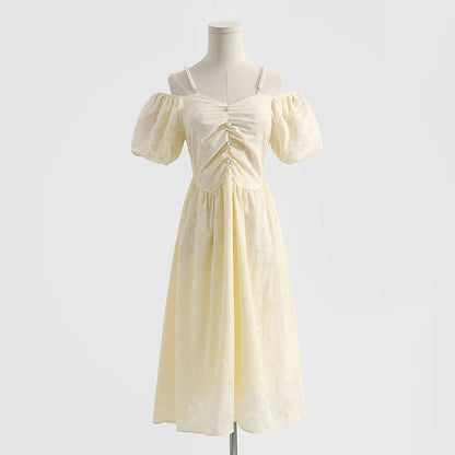 French off shoulder suspender cotton linen dress  4293