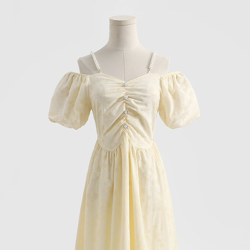 French off shoulder suspender cotton linen dress  4293