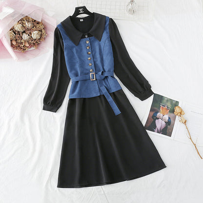New Vest + French retro doll neck long sleeve bottomed skirt  3949