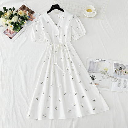 Cotton linen dress embroidered first love tea break skirt  4273