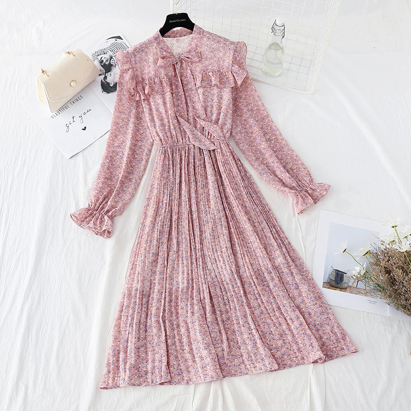 Bow chiffon dress shows thin temperament, slim pleated floral skirt  4089