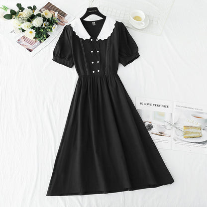 Cotton linen dress sweet bubble sleeve doll collar  4272