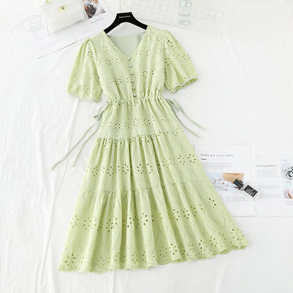 Hook embroidery French retro waist closing long skirt with thin temperament  4221