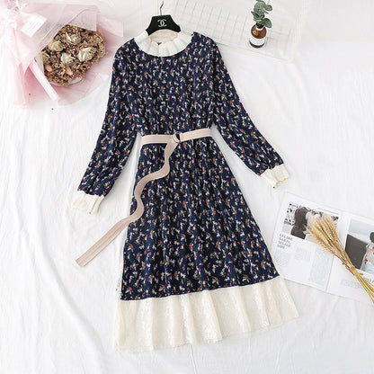 Printed French retro pleated slim waist skirt  3967