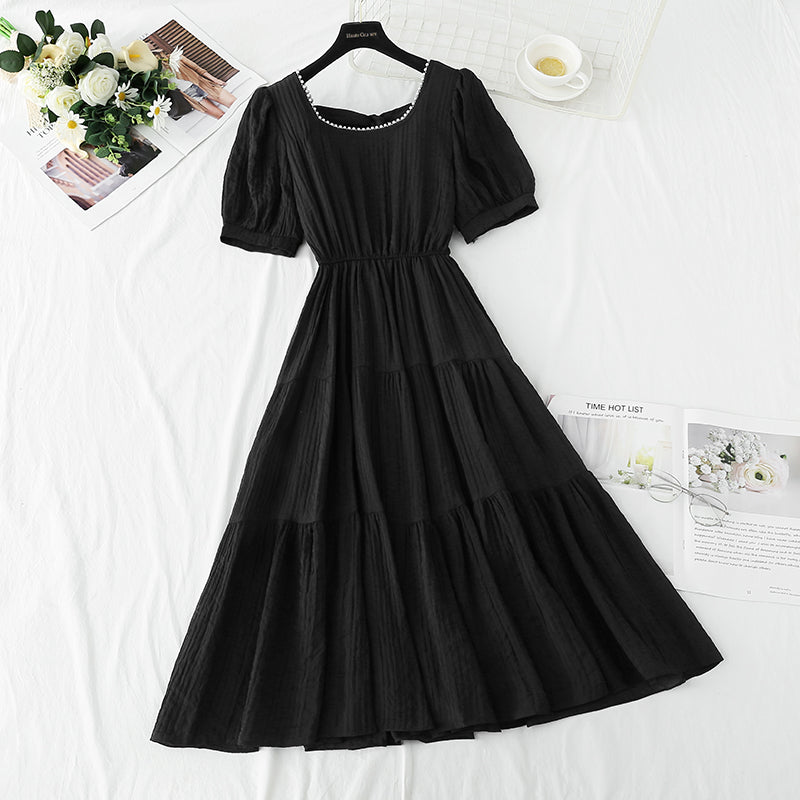 French square neck cotton linen dress  4275