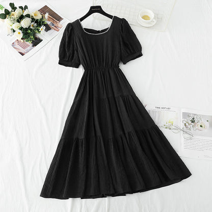 French square neck cotton linen dress  4275