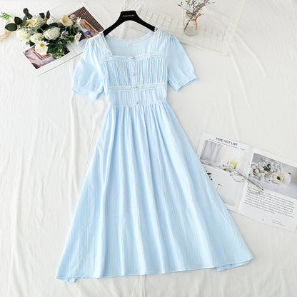 French Square Neck Lace stitching, waist closing, thin first love skirt  4240