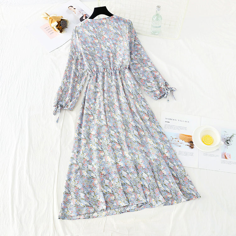 Waist lace up thin Chiffon gentle wind Floral Dress  3885