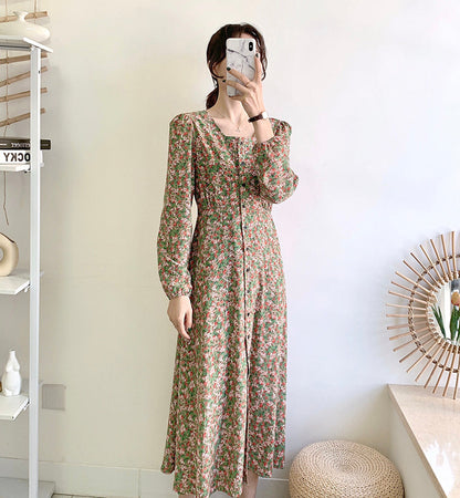 Knee thin lace up square neck fairy Vintage Floral Dress  3911