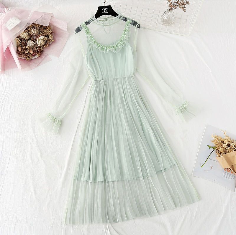 New suspender pleated long skirt fairy super fairy series French Retro  4025
