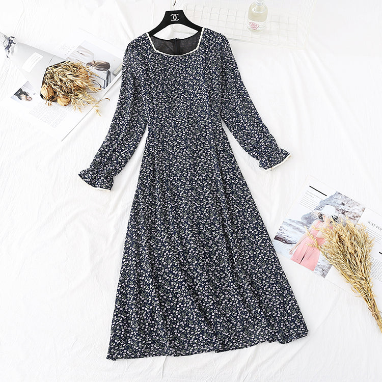 French retro super fairy square collar Lace Floral bottomed long skirt  3997
