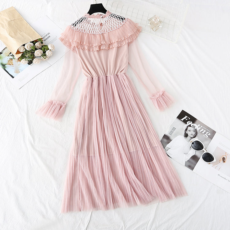 Ruffle pleated French super xiansen mesh dress  3806