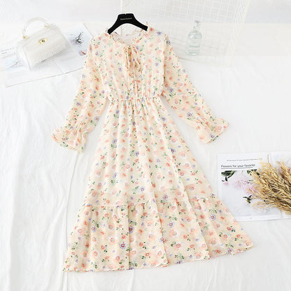 Lace up collar French soft wind Floral Dress  3837