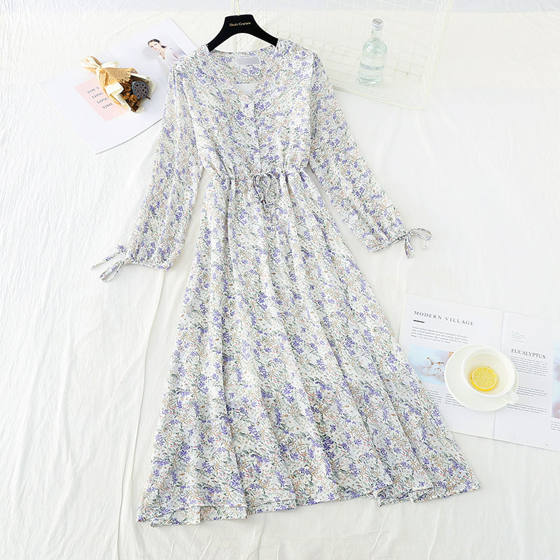 Waist lace up thin Chiffon gentle wind Floral Dress  3885