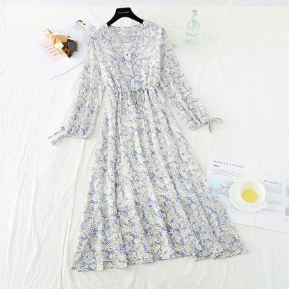 Waist lace up thin Chiffon gentle wind Floral Dress  3885