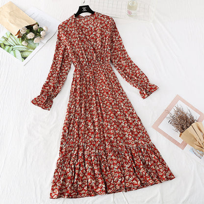 Retro broken flower pleated Korean version waist fairy long skirt  3814