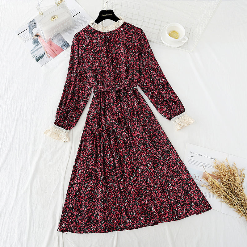 Retro waistband, slim temperament, gentle wind, Long Sleeve Chiffon Skirt  3893