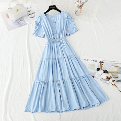 French square neck bubble sleeve fairy skirt with thin temperament  4241