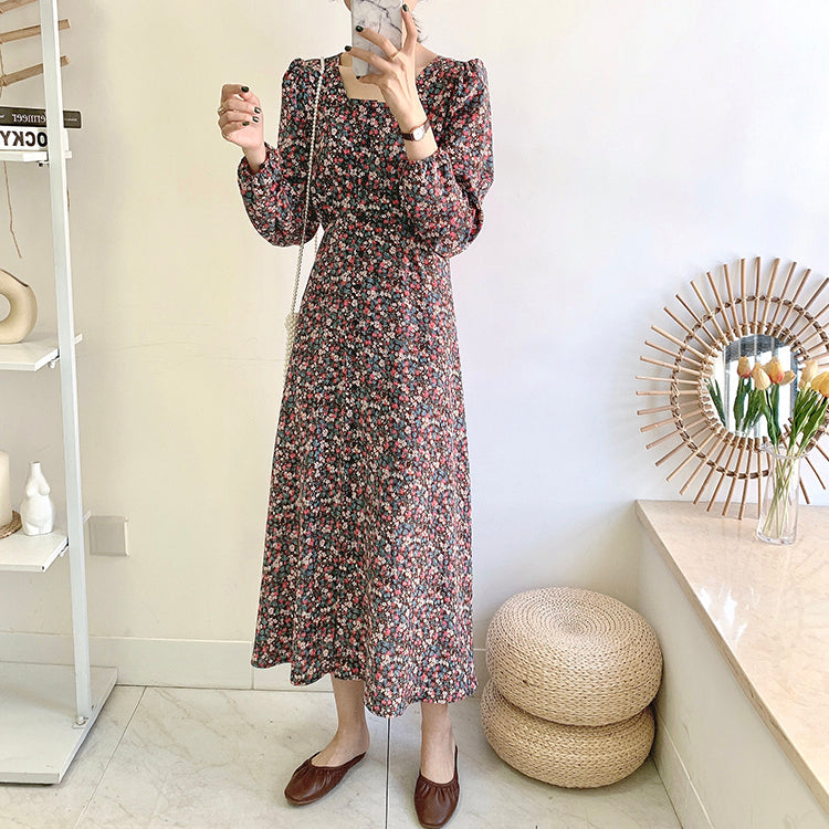Knee thin lace up square neck fairy Vintage Floral Dress  3911