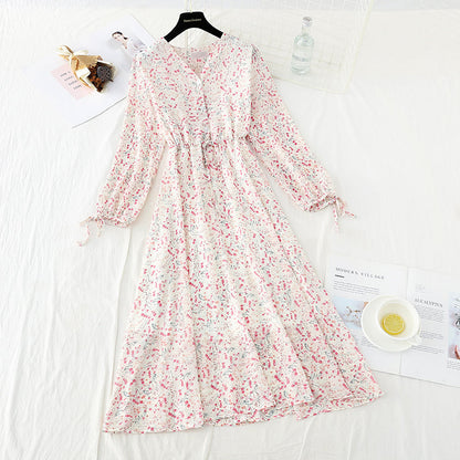 Waist lace up thin Chiffon gentle wind Floral Dress  3885
