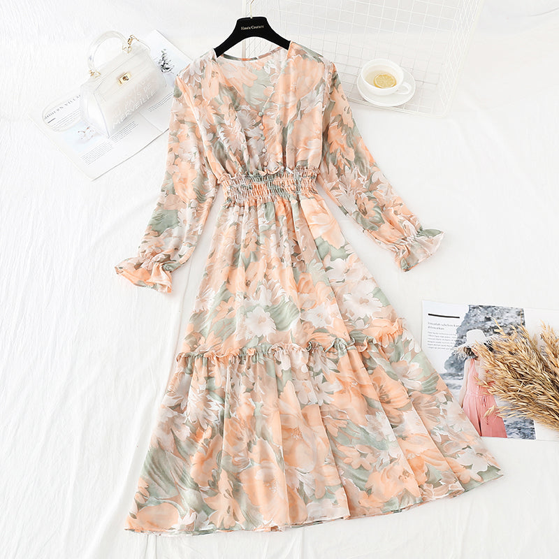French Chiffon knee length skirt with slim waist  3843