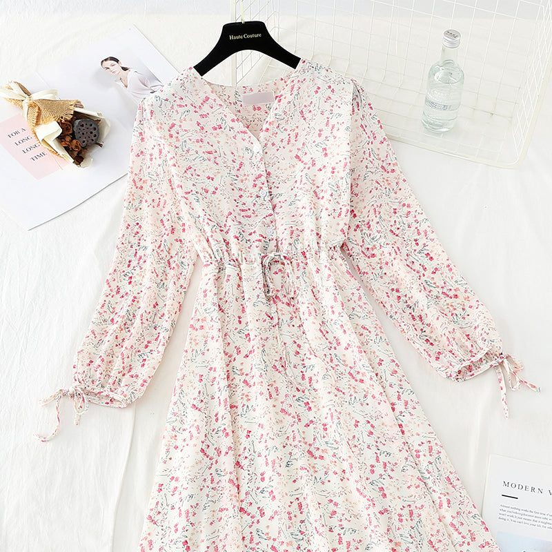 Waist lace up thin Chiffon gentle wind Floral Dress  3885