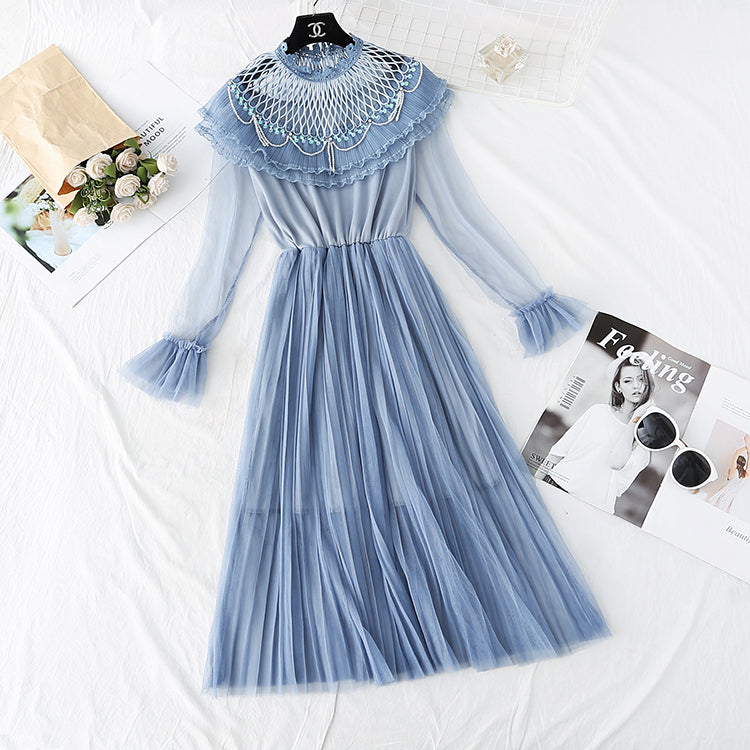 Ruffle pleated French super xiansen mesh dress  3806