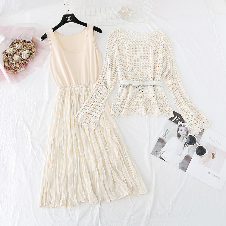 Hollowed out lace blouse Chiffon Dress  3801