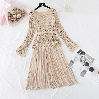 Hollowed out lace blouse Chiffon Dress  3801