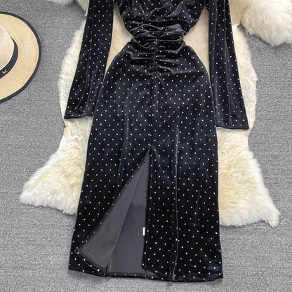 Long sleeve slim fit hot drill high-grade tight Hip Wrap Dress  3723