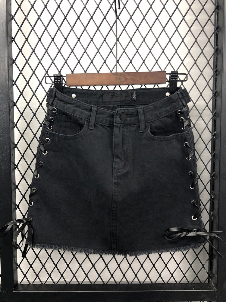 Side strap high waistwomen's denim skirtA line skirt  3718