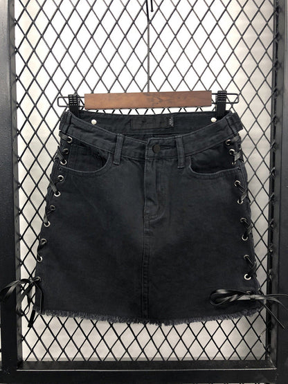 Side strap high waistwomen's denim skirtA line skirt  3718
