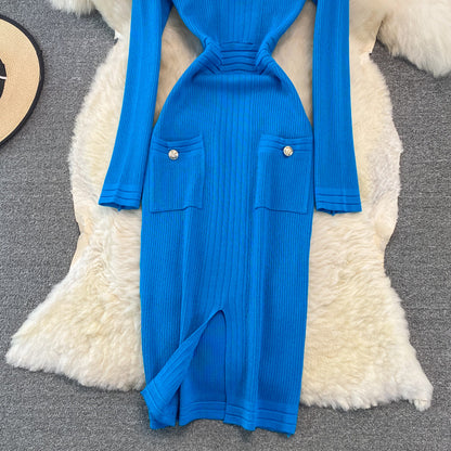 Gold button elastic tight medium length split bottomed buttock knit dress  3751