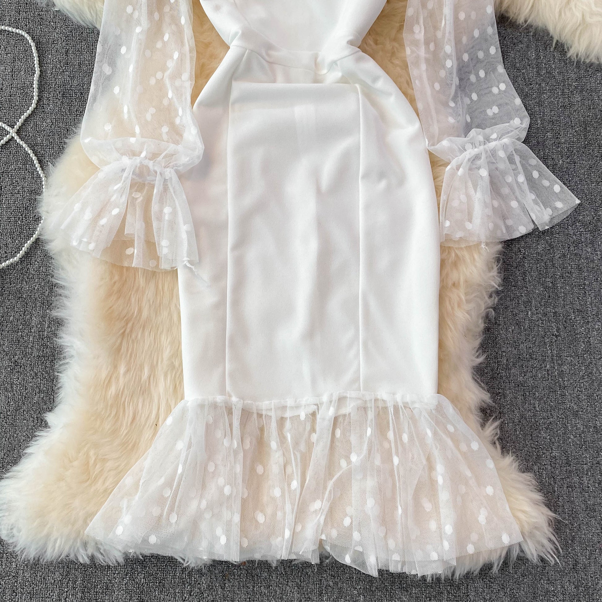Fashion mesh wave point splicing square neck temperament retro dress  3775