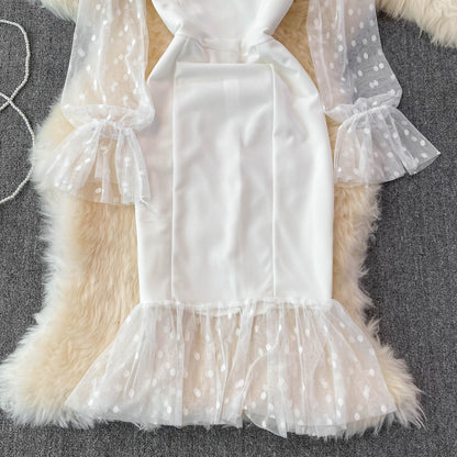Fashion mesh wave point splicing square neck temperament retro dress  3775