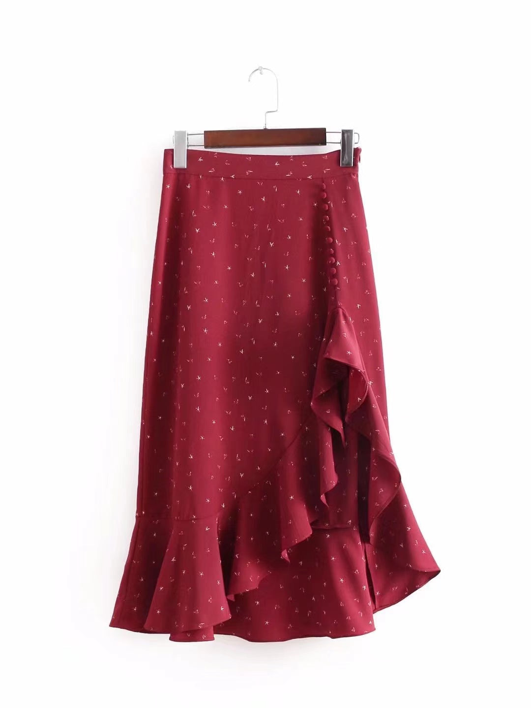 High waisted, looseflouncesprinted irregular MIDI skirt  3716
