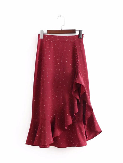 High waisted, looseflouncesprinted irregular MIDI skirt  3716