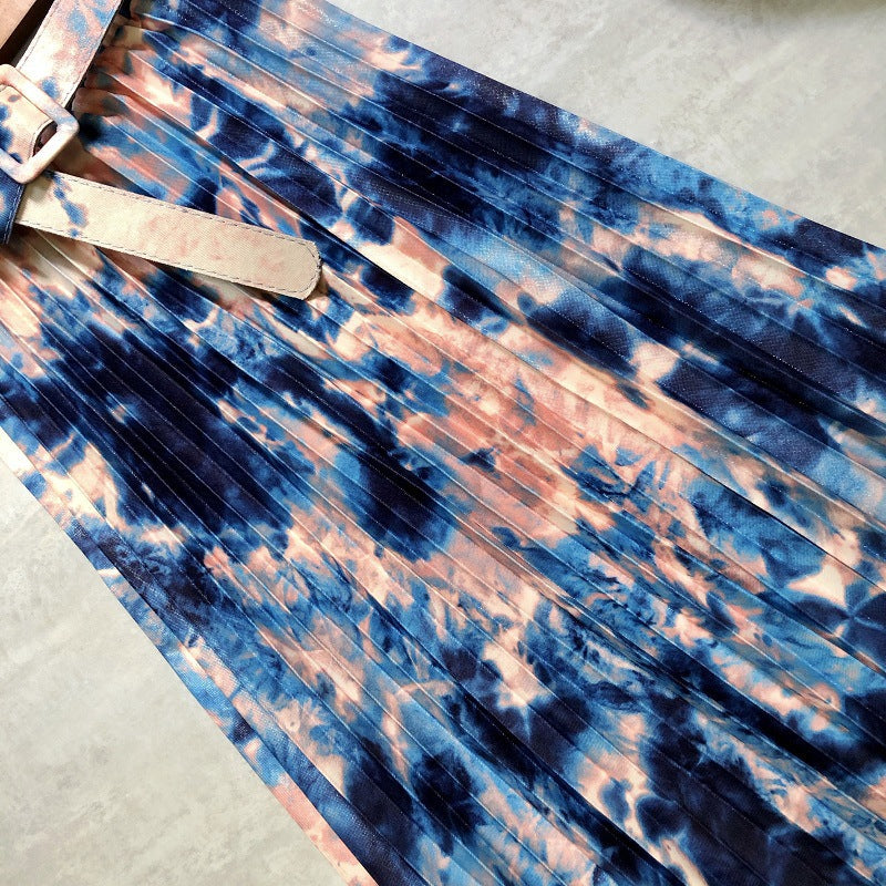 Hot skirt, tie-dyed splashed ink, printed belt, long pleated skirt in the stars  3691