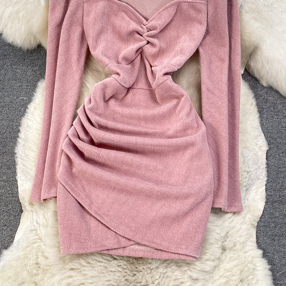 Irregular pleated corduroy slim wrap arm dress  3766