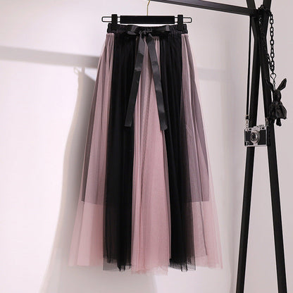 patchwork belt large drape feeling gauze skirt  3684