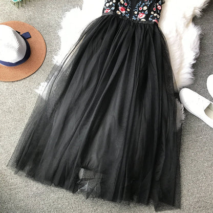 Sexy backless Embroidered Flower high waist slim mesh puffy dress  3724