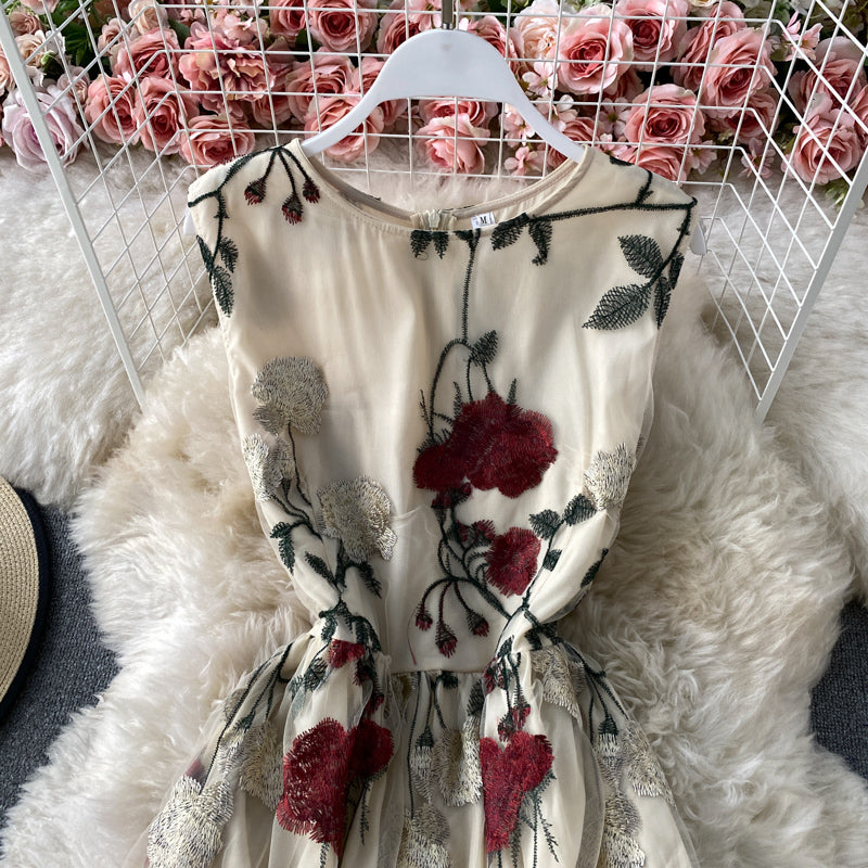 Mesh Rose Embroidered round neck dress  3782
