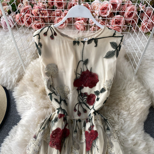 Mesh Rose Embroidered round neck dress  3782
