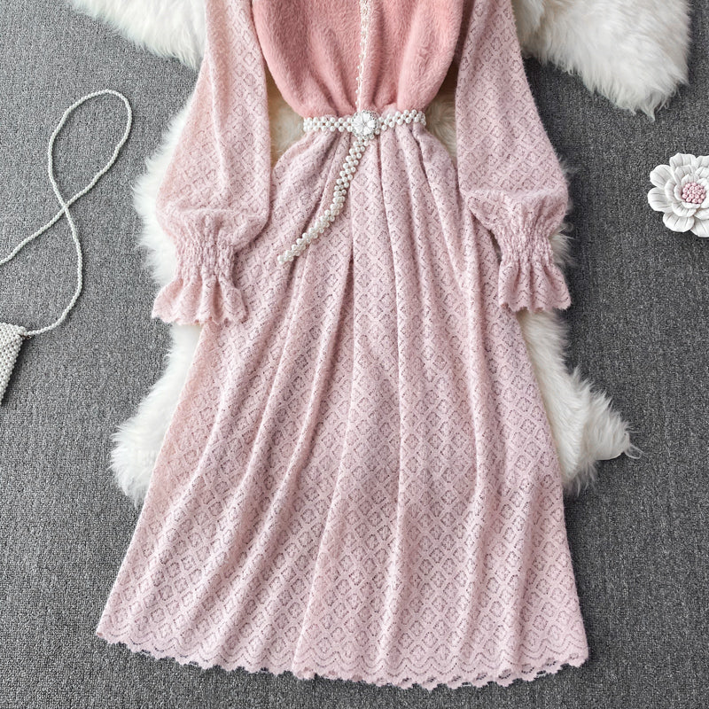 Mink quilted stand collar brushed lace dress  3748
