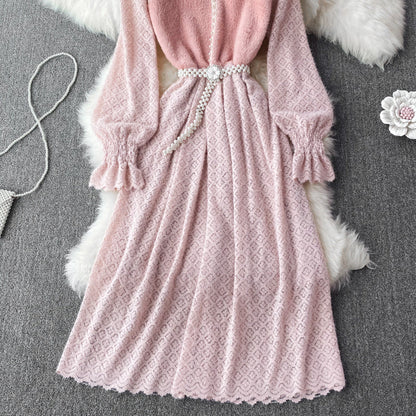 Mink quilted stand collar brushed lace dress  3748