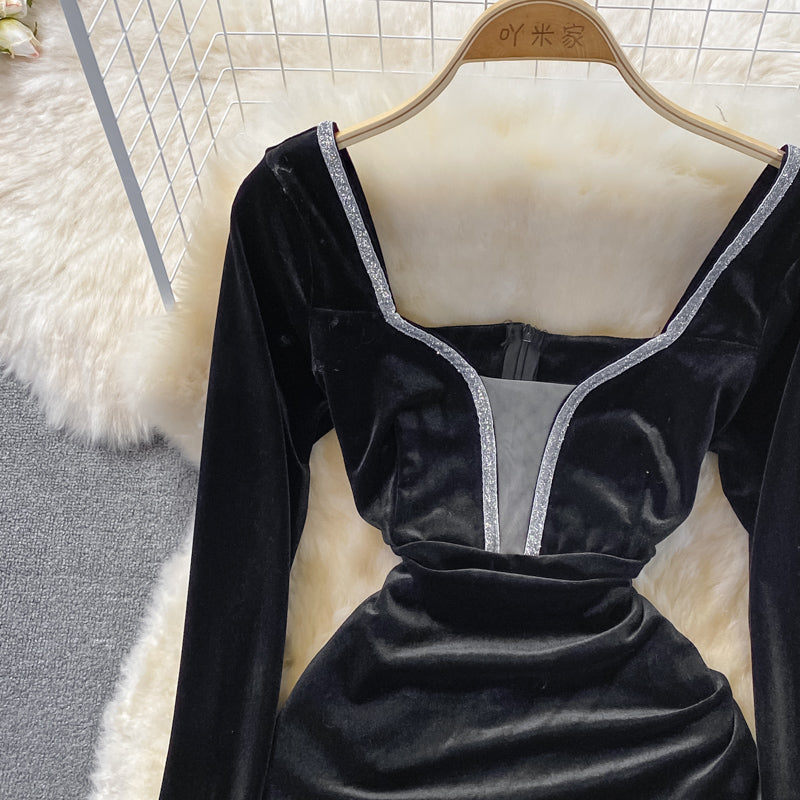 V-neck velvet with diamond waist slim sexy hip wrap dress  3742