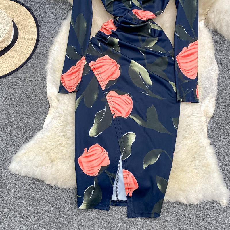 Sexy waist closing V-neck open hip wrap dress long sleeve  3787