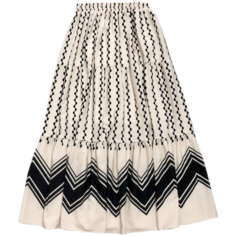 Spring skirt, spliced polka-dot flounce cake skirt, long skirt, wavy A-line skirt  3692