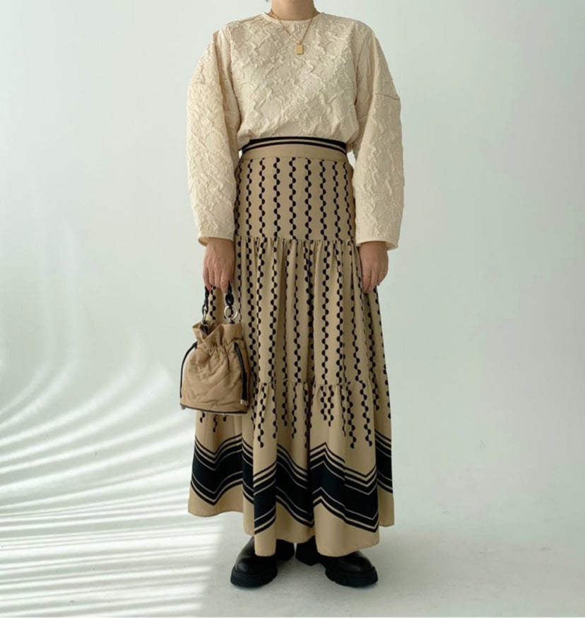 New skirt, stitching retro polka-dot print skirt, wavy pattern high waist long cake skirt  3678