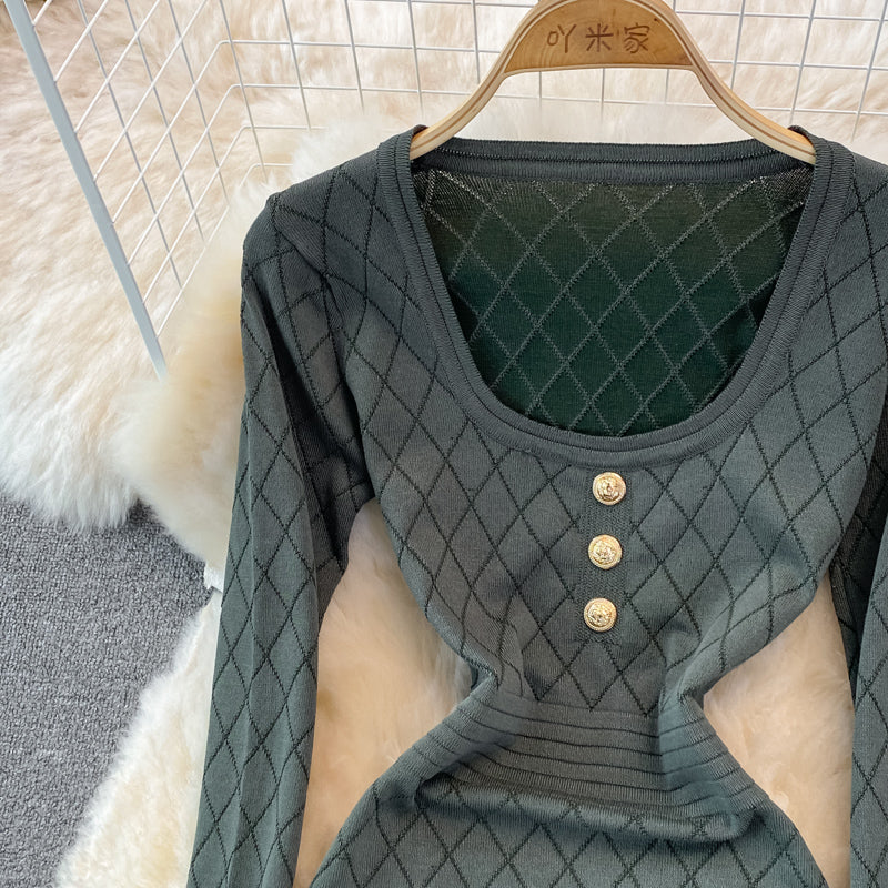Long sleeve sexy personalized square neck knitted bag hip bottomed dress  3781